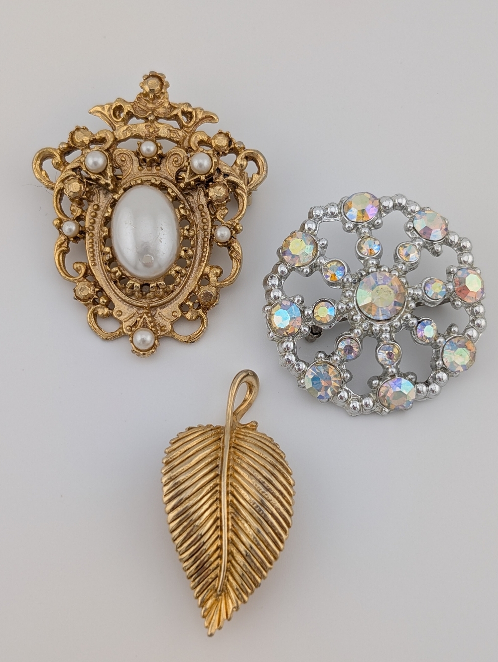 Vintage Gold & Silver Brooch Lot - Faux Pearl & Crystals - Estate Jewelry Bag